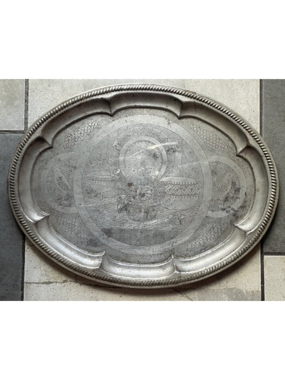 Antique Early - Mid 20th C. Nickel Plated LARGE Victorian Revival Serving Tray